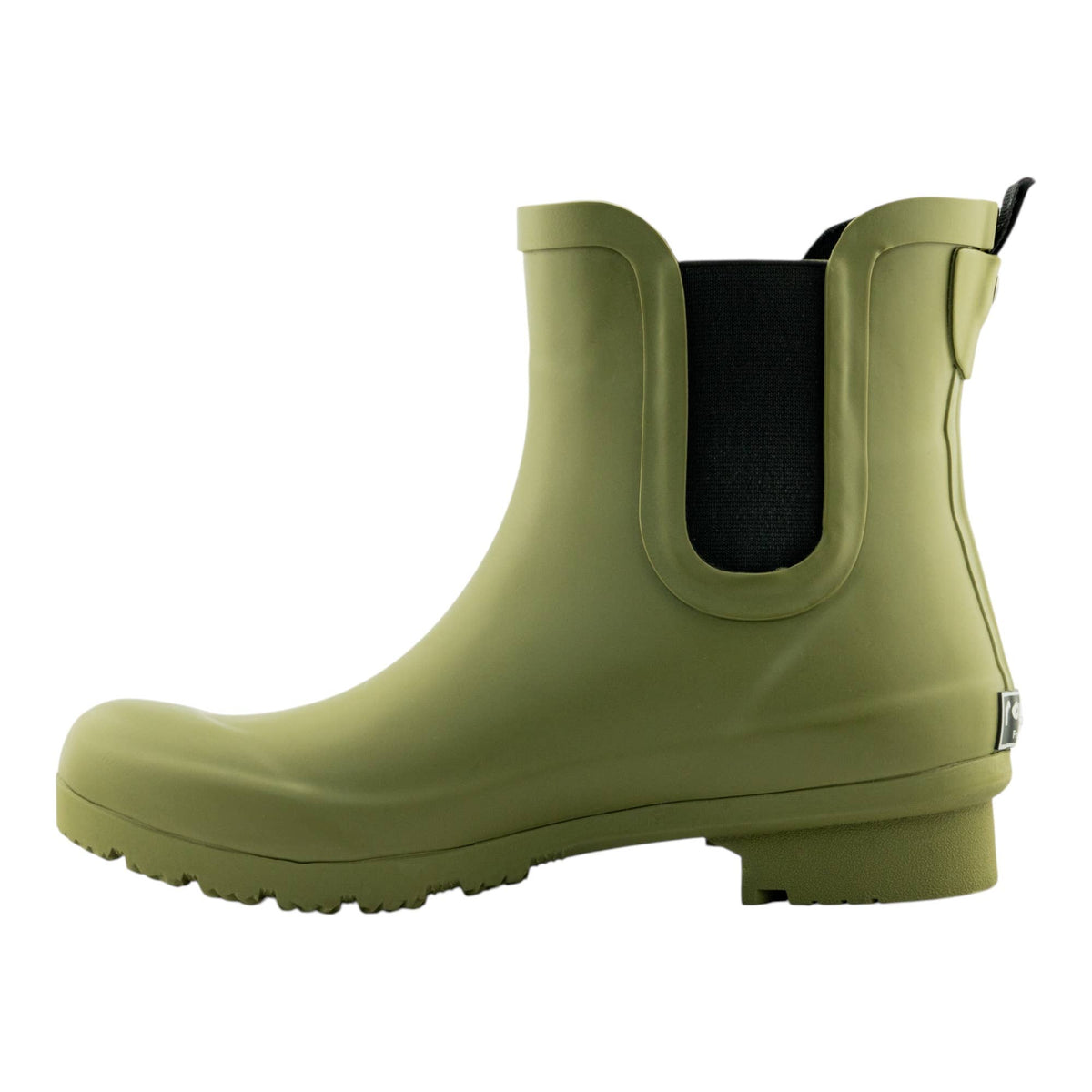 Olive matte Chelsea rain boots for women by Roma Boots, ankle length with waterproof design and slip-on style.