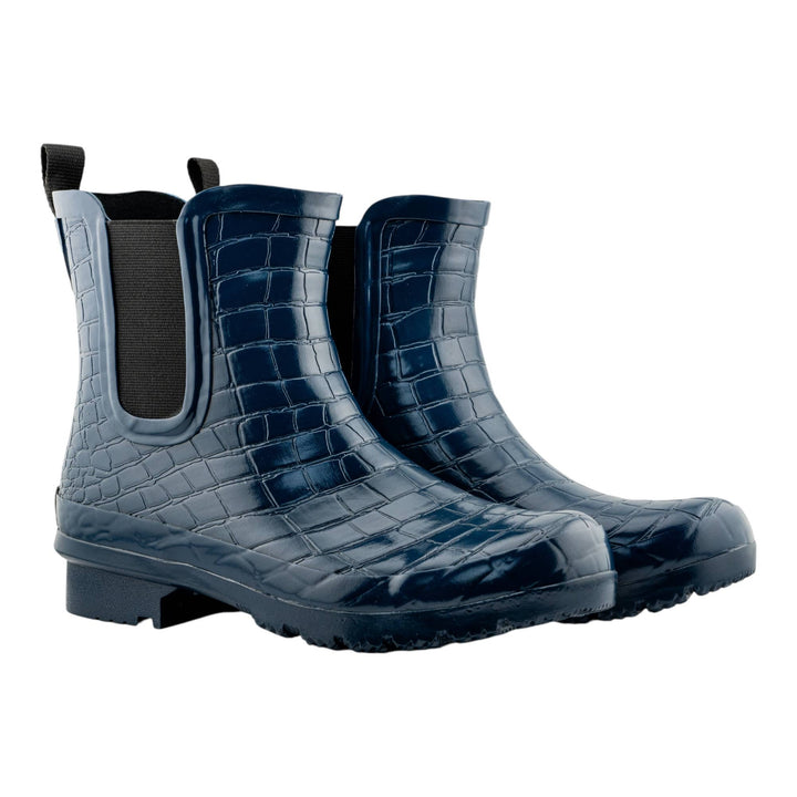 Navy croc-embossed Chelsea rain boots for women by Roma Boots, ankle-length waterproof footwear with stylish textured design.