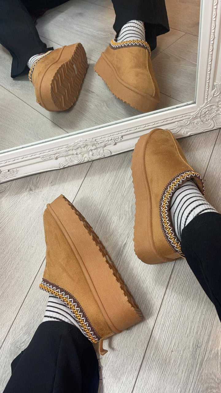 CHESTNUT FLUFFY PLATFORM SLIPPERS FAUX FUR LINED ANKLE BOOTS - Cowgirl Charm