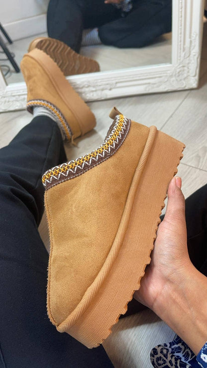 Chestnut fluffy platform slippers with faux fur lining, ankle boots from No Doubt Shoes, cozy and stylish footwear.