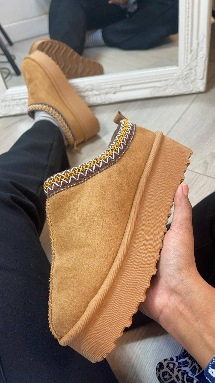 CHESTNUT FLUFFY PLATFORM SLIPPERS FAUX FUR LINED ANKLE BOOTS - Cowgirl Charm