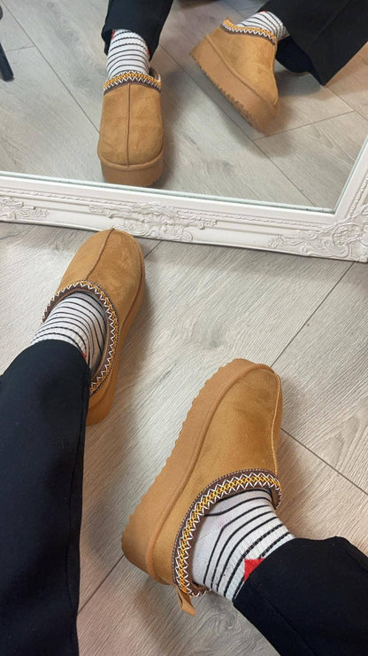 Chestnut fluffy platform slippers with faux fur lining, ankle boots from No Doubt Shoes, showcasing cozy winter footwear.