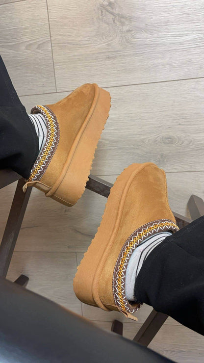 Chestnut fluffy platform slippers with faux fur lining, ankle boots by No Doubt Shoes, featuring a cozy, stylish design.