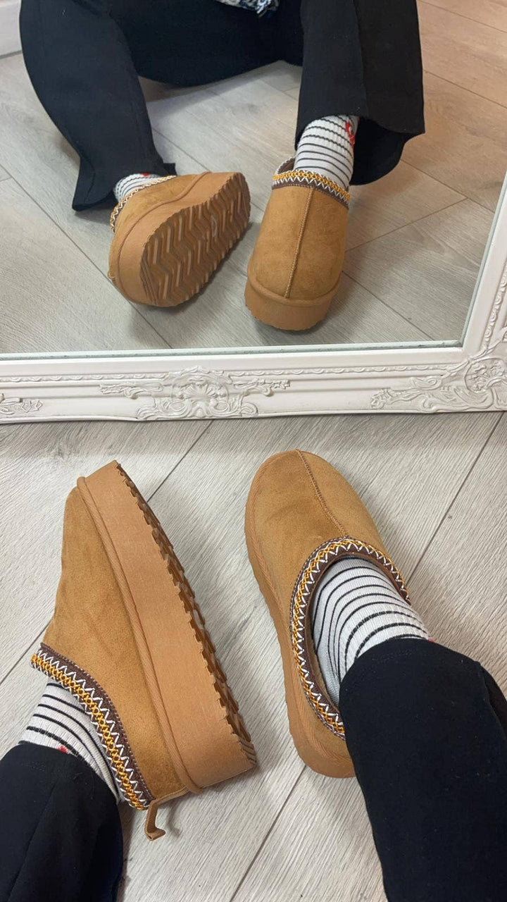 CHESTNUT FLUFFY PLATFORM SLIPPERS FAUX FUR LINED ANKLE BOOTS - Cowgirl Charm