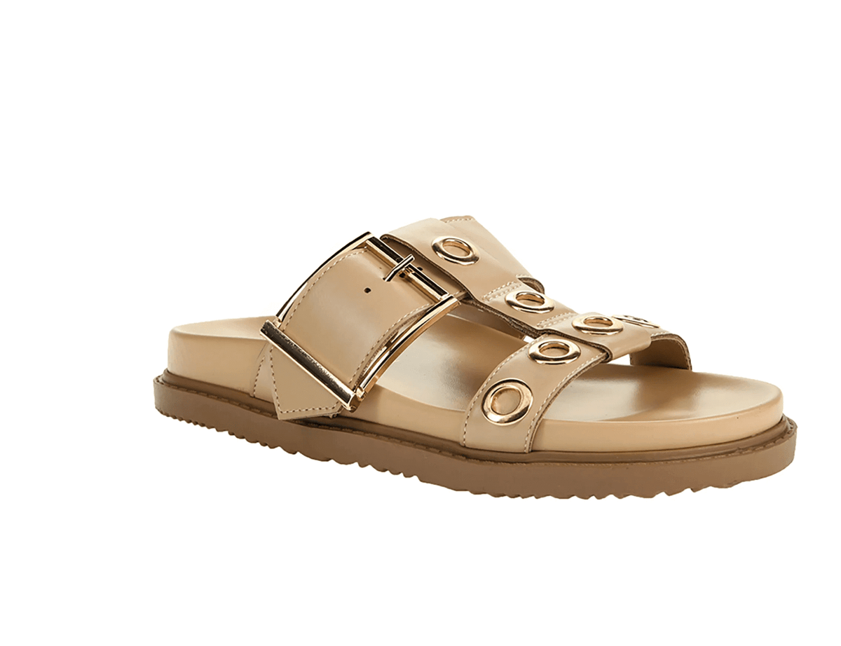 Chinese Laundry Rozalia slide sandal showing open-toe design with wide strap and neutral color on a white background.
