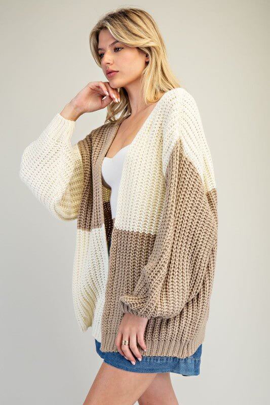 Color Block Chunky Knit Open Cardigan – Taupe & Ivory - Cowgirl Charm