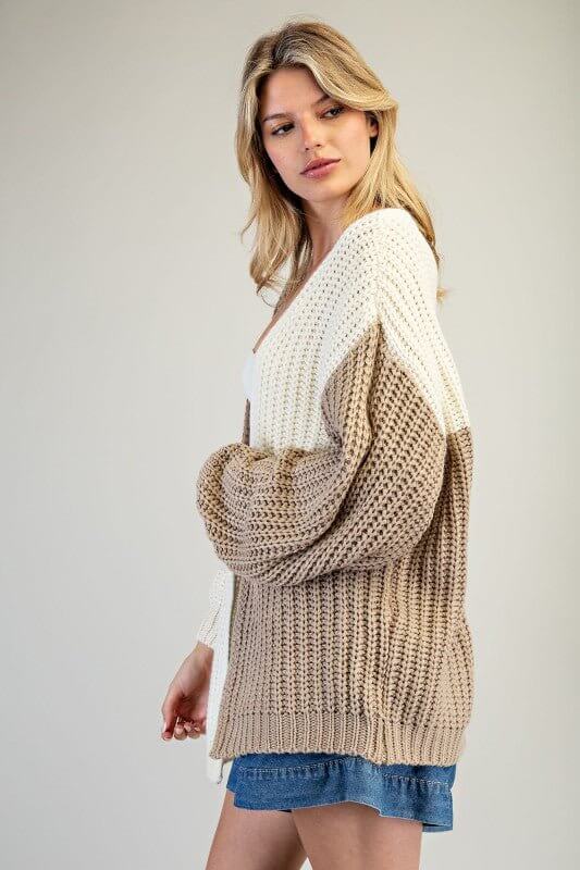Color Block Chunky Knit Open Cardigan – Taupe & Ivory - Cowgirl Charm