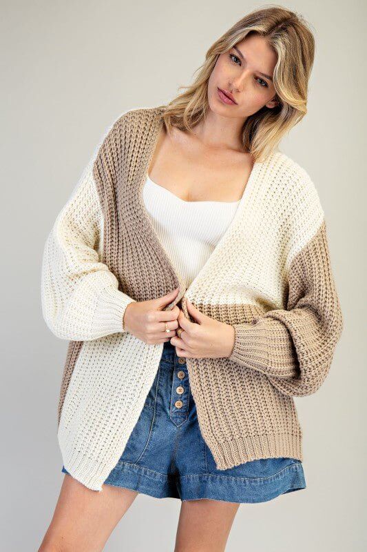 Color Block Chunky Knit Open Cardigan – Taupe & Ivory - Cowgirl Charm