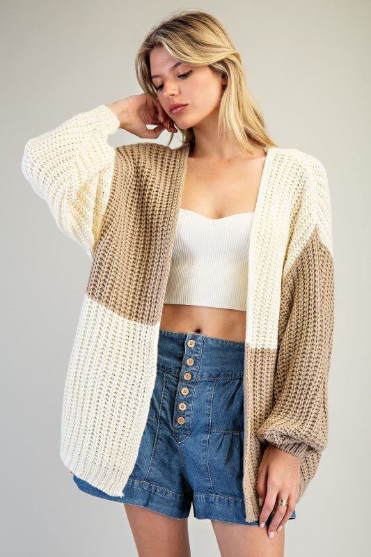 Color Block Chunky Knit Open Cardigan – Taupe & Ivory - Cowgirl Charm