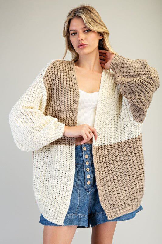 Color Block Chunky Knit Open Cardigan – Taupe & Ivory - Cowgirl Charm