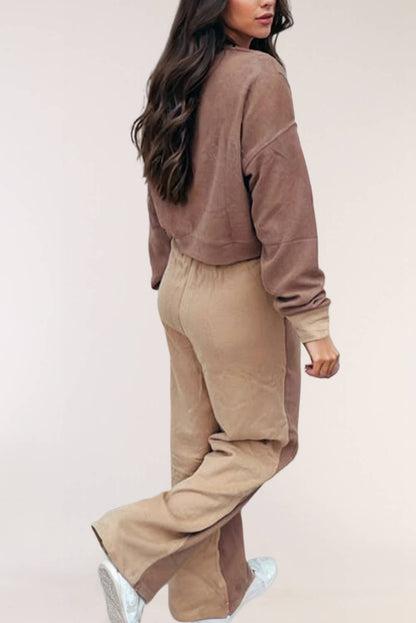 Color block drop shoulder lace-up high waist pants set by LA Society showing a stylish two-tone design with relaxed fit.