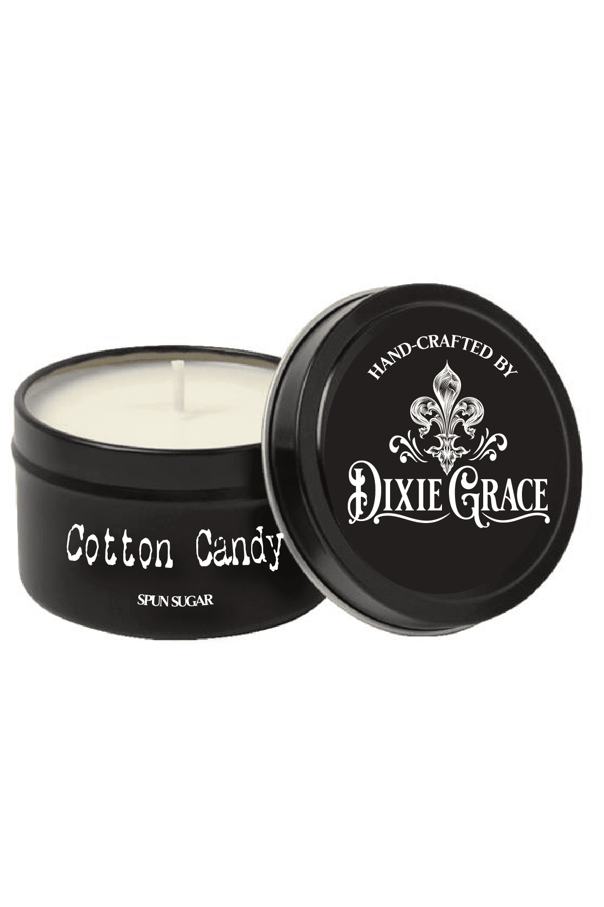 Dixie Grace Cotton Candy 8 oz candle tin with cotton wick, ideal for home decor and gift giving.