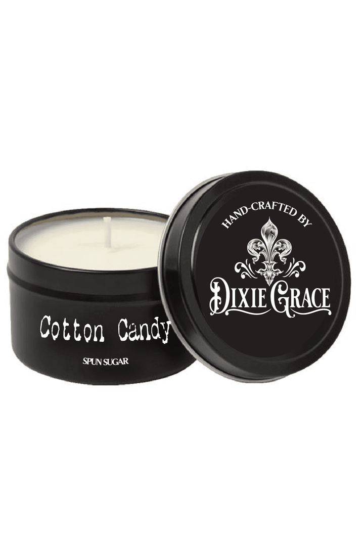 Dixie Grace Cotton Candy 8 oz candle tin with cotton wick, ideal for home decor and gift giving.