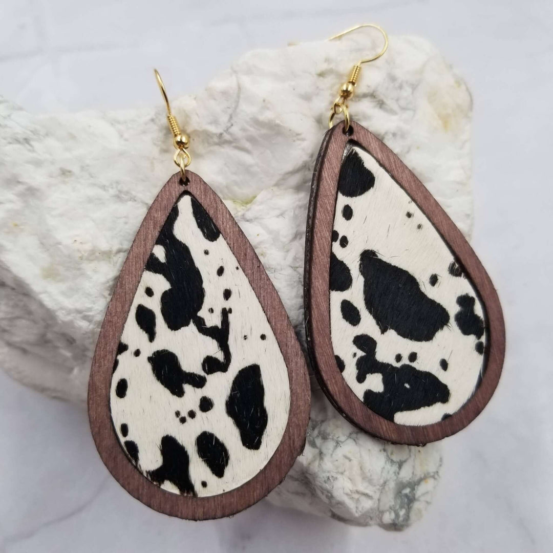 Cow Hair On Leather Wooden Earrings - Cowgirl Charm
