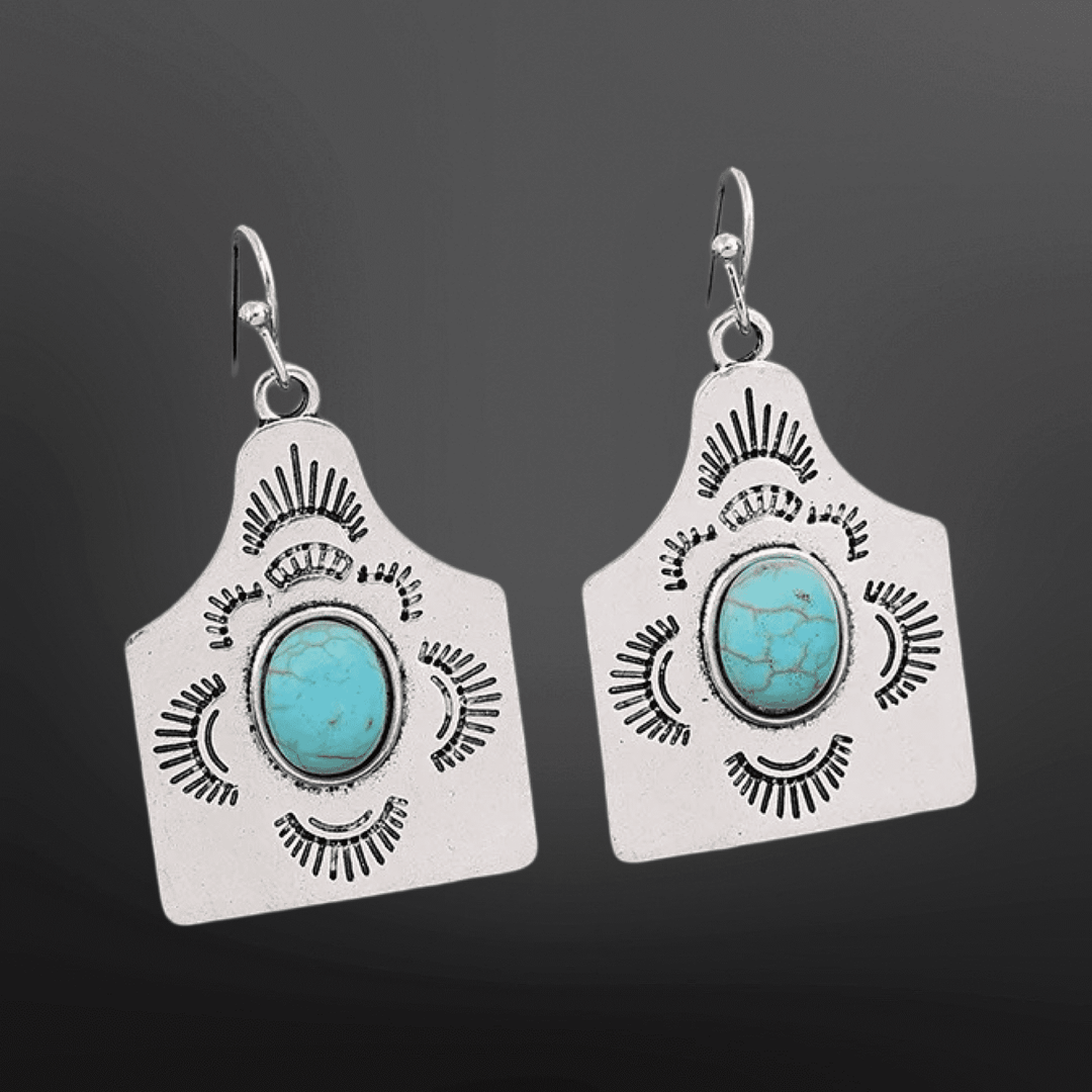 Cow Tag Faux Turquoise Silver Western Earrings - Cowgirl Charm