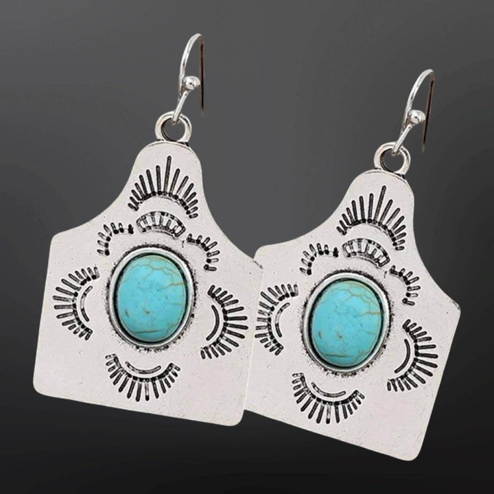 Cow Tag Faux Turquoise Silver Western Earrings - Cowgirl Charm