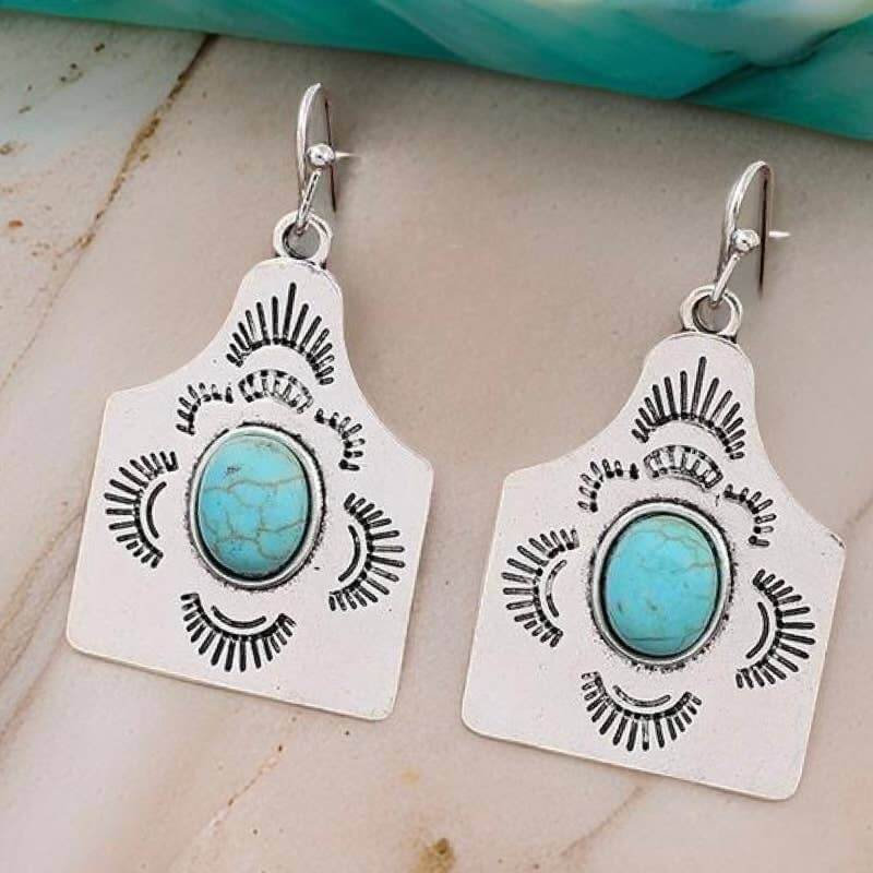 Cow Tag Faux Turquoise Silver Western Earrings - Cowgirl Charm