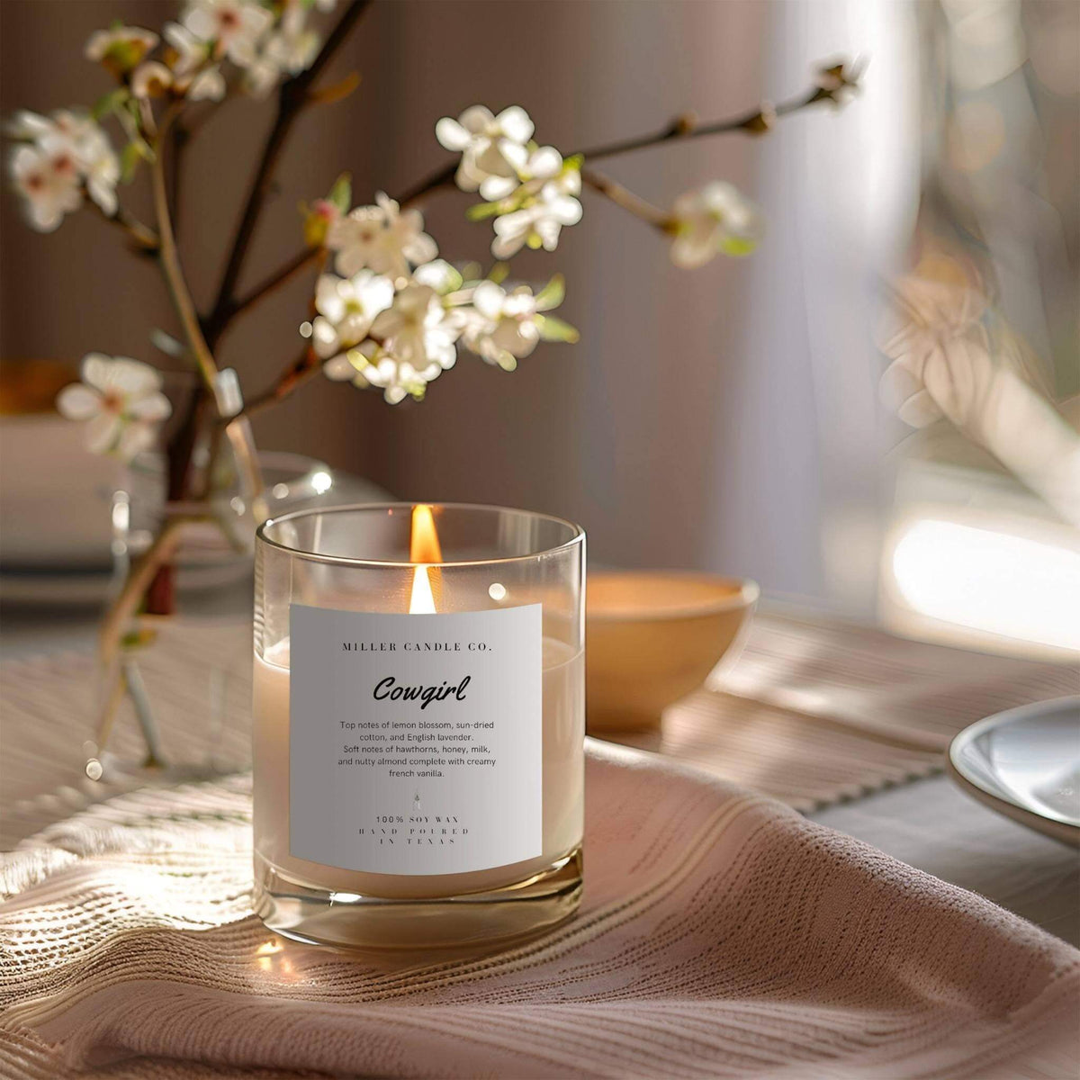 Decorative Cowgirl Candle from Miller Candle Co. featuring a rustic design, perfect for home decor and gift-giving.