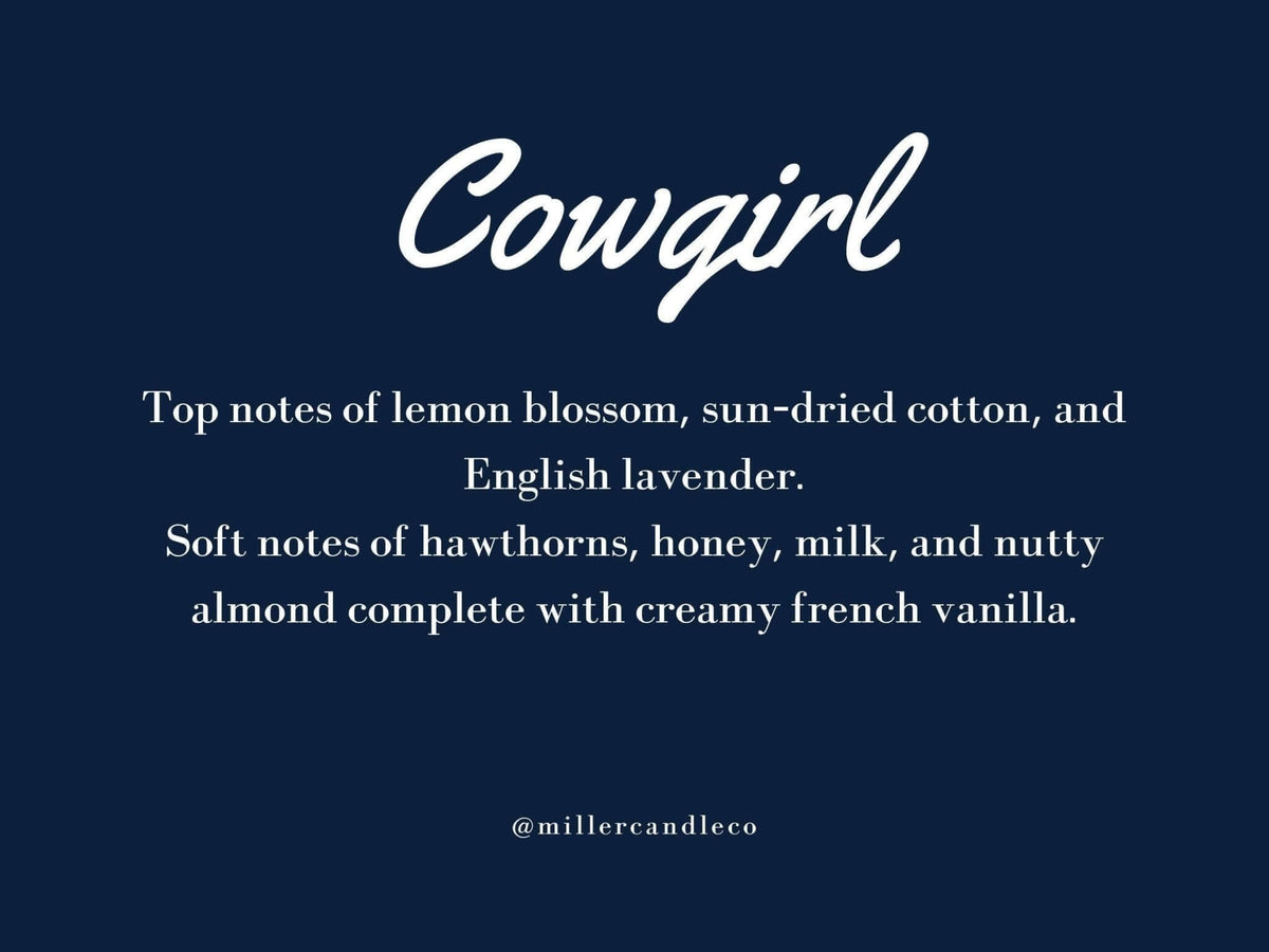 Cowgirl Candle by Miller Candle Co., a decorative candle featuring a Western cowgirl design, ideal for home decor and gifts.