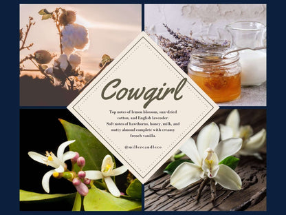 Scented Cowgirl Candle from Miller Candle Co. with rustic cowboy and western design, perfect for home decor and gifts.