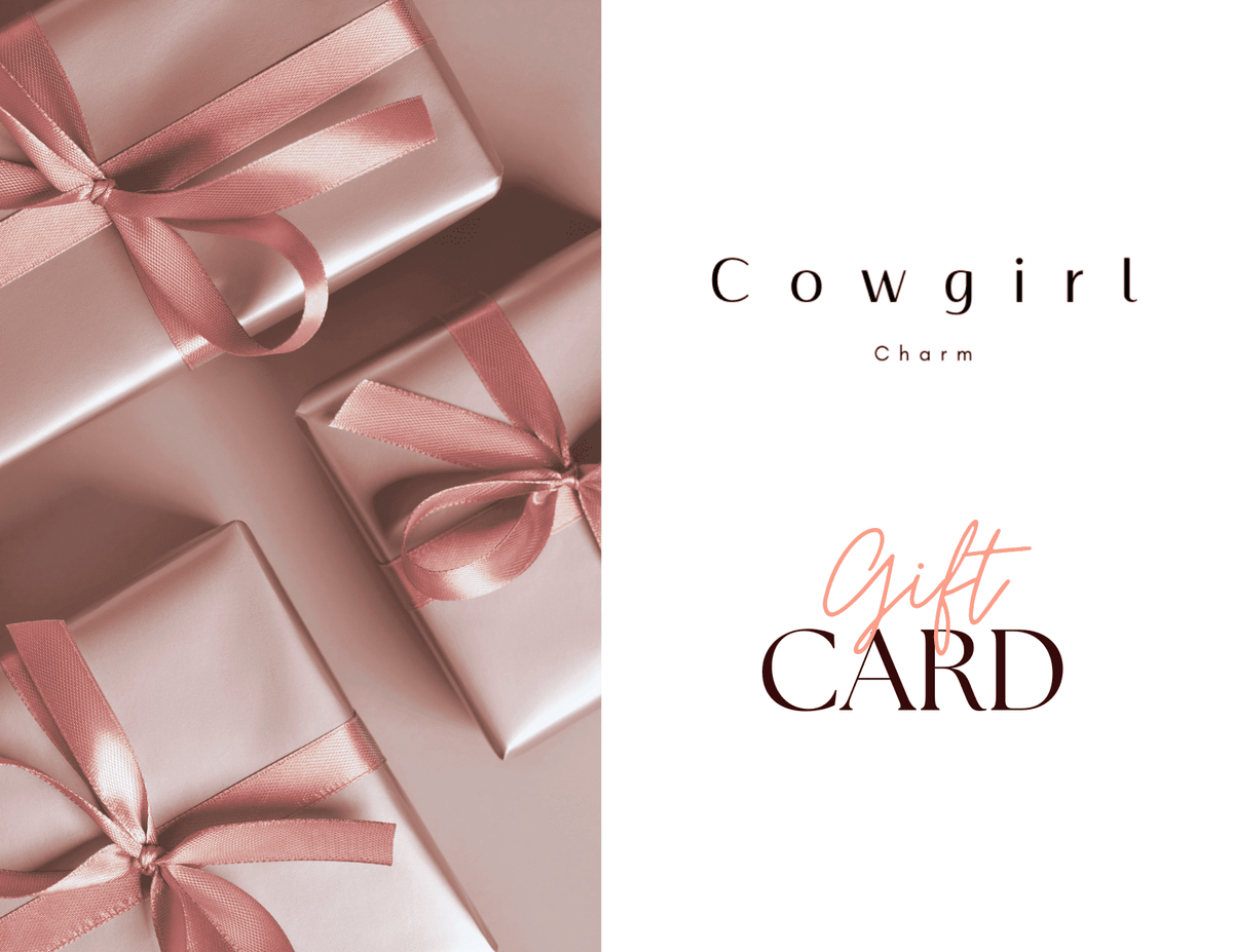 Cowgirl Charm gift card featuring Western-themed design with a rustic cowgirl illustration and decorative border.