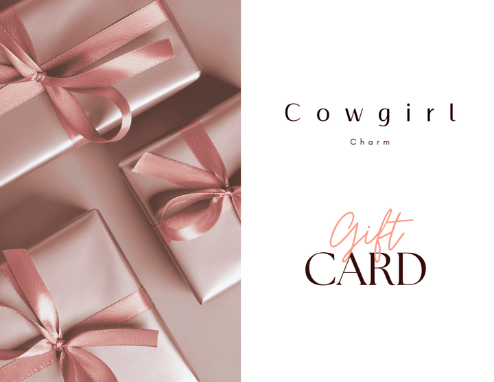 Cowgirl Charm gift card featuring Western-themed design with a rustic cowgirl illustration and decorative border.