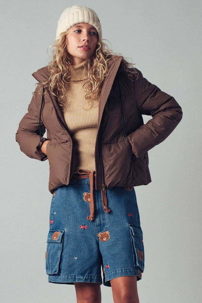 Urban Daizy cozy drawstring hooded puffer jacket, lightweight insulated outerwear with a hood and front zipper, perfect for cold weather.