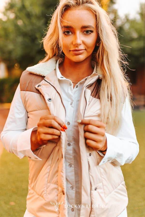 Cream Puffer Vest W Camel Yoke Sherpa Neckline - Cowgirl Charm