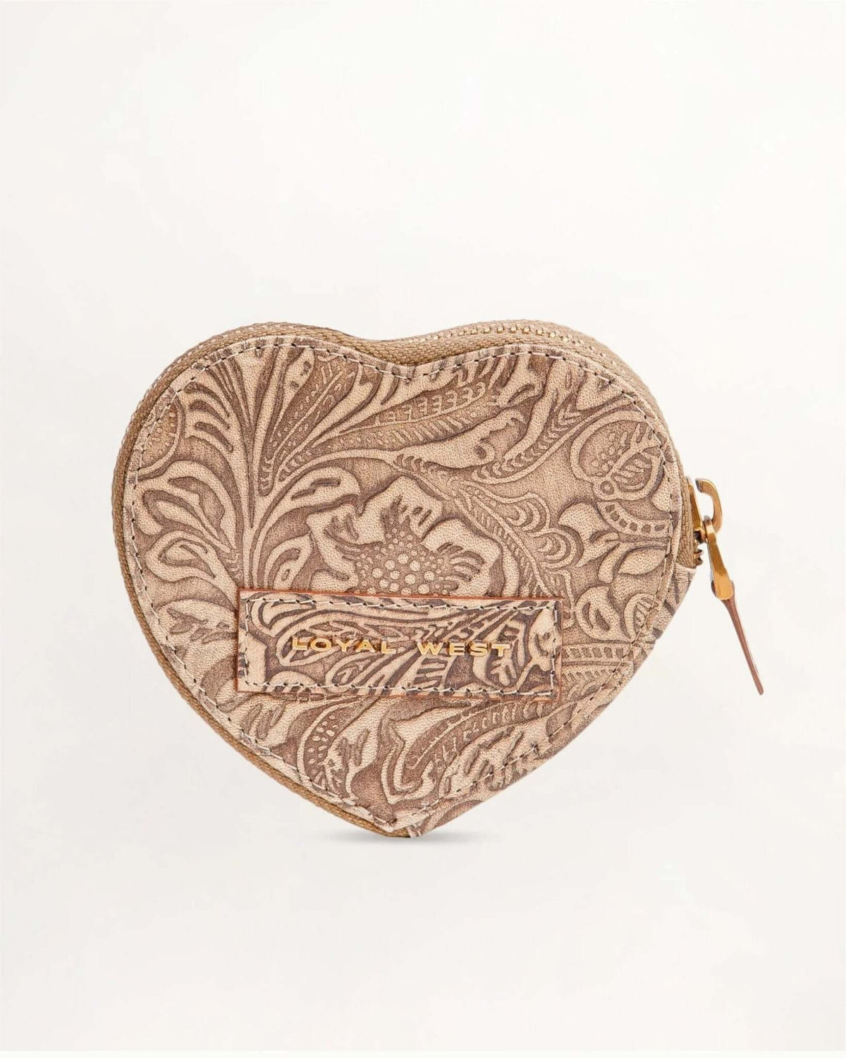 Loyal West Cupid Coin Pouch in pink with gold accents, compact leather bag featuring a cupid design and zipper closure.