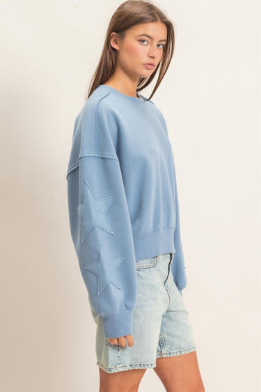 Dusty Blue Star Sleeve Sweatshirt | Women's Oversized Pullover