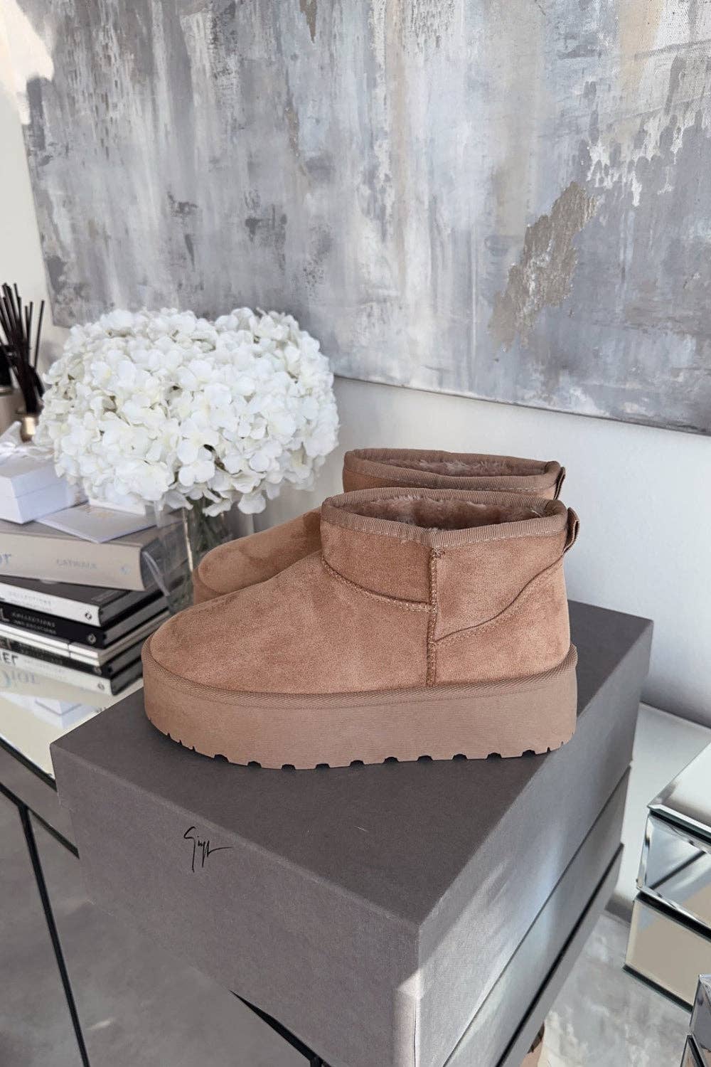 Camel Faux Fur Lined Ultra Mini Platform Women's Ankle Boots