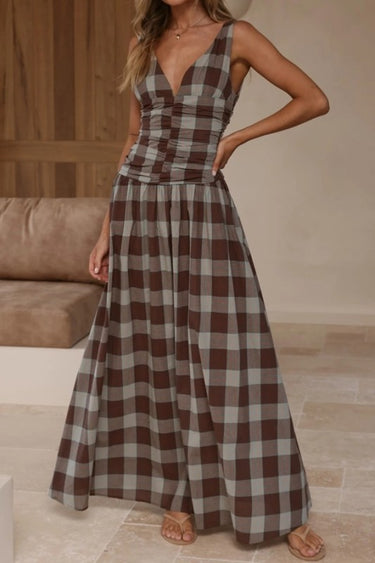 Brown Plaid Ruched Bodice Maxi Dress