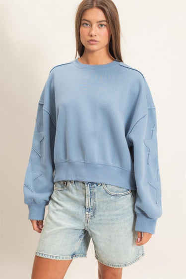 Dusty Blue Star Sleeve Sweatshirt | Women's Oversized Pullover