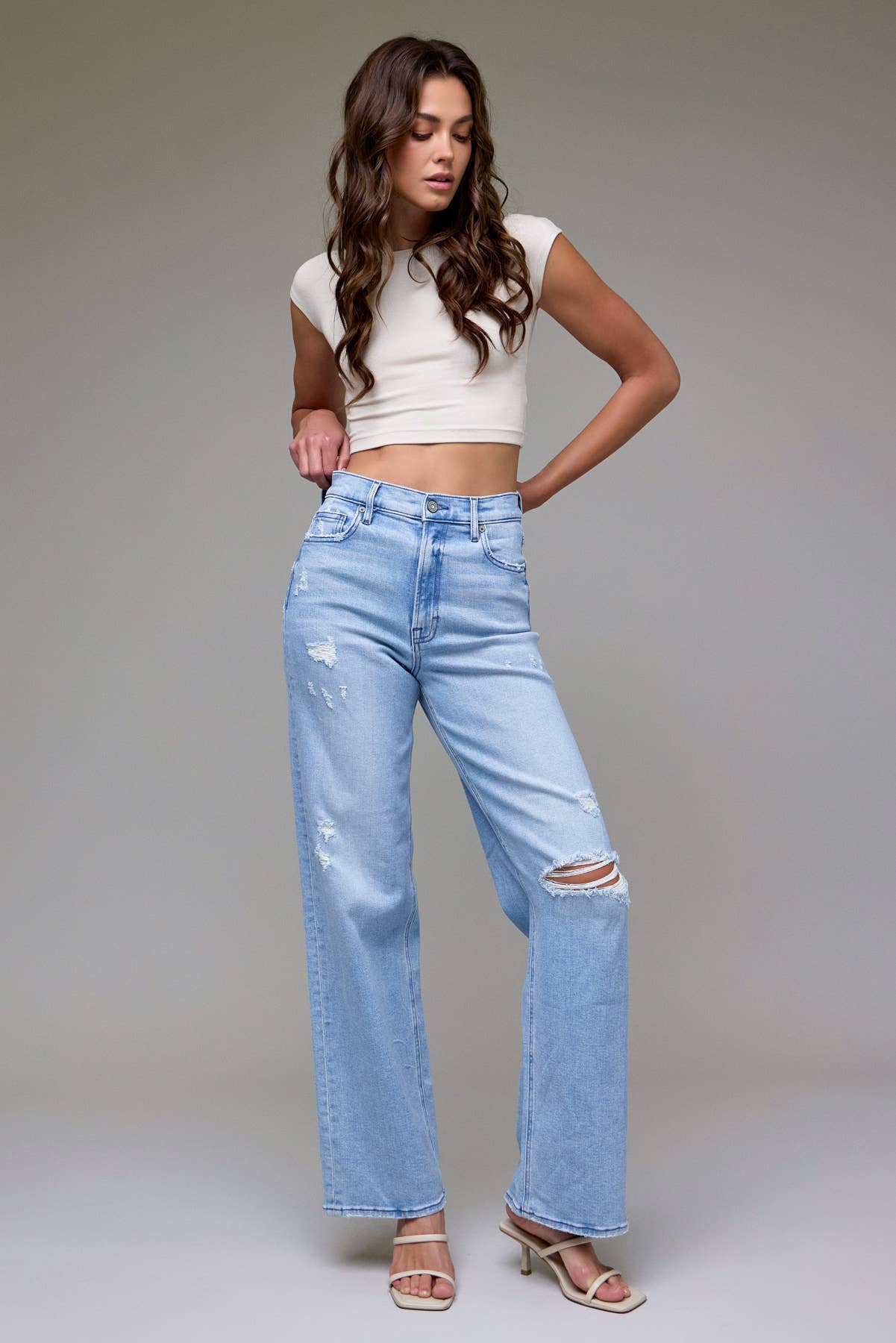 Light Wash Distressed 33" Inseam Dad Jean