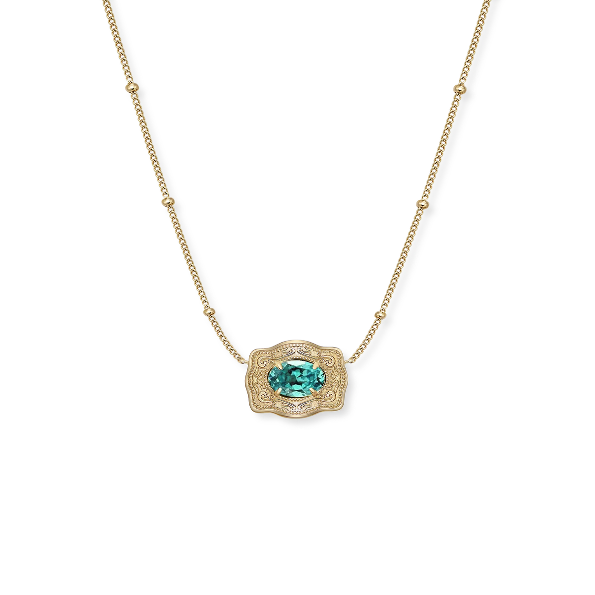 Spurwest Ultra Mini Belt Buckle Birthstone Necklace featuring a small buckle pendant with a colorful birthstone accent.