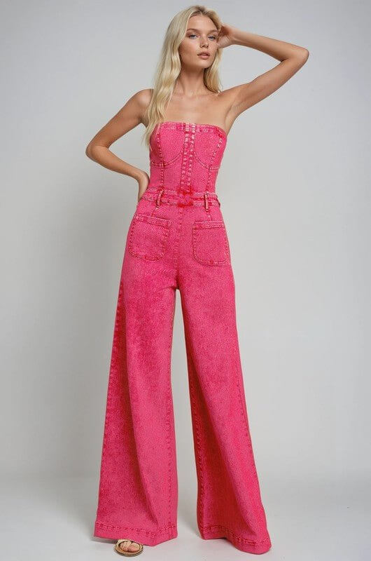Deep Pink Western Tube Denim Jumpsuit – Wide Leg Mineral Wash Boho Babe - Cowgirl Charm
