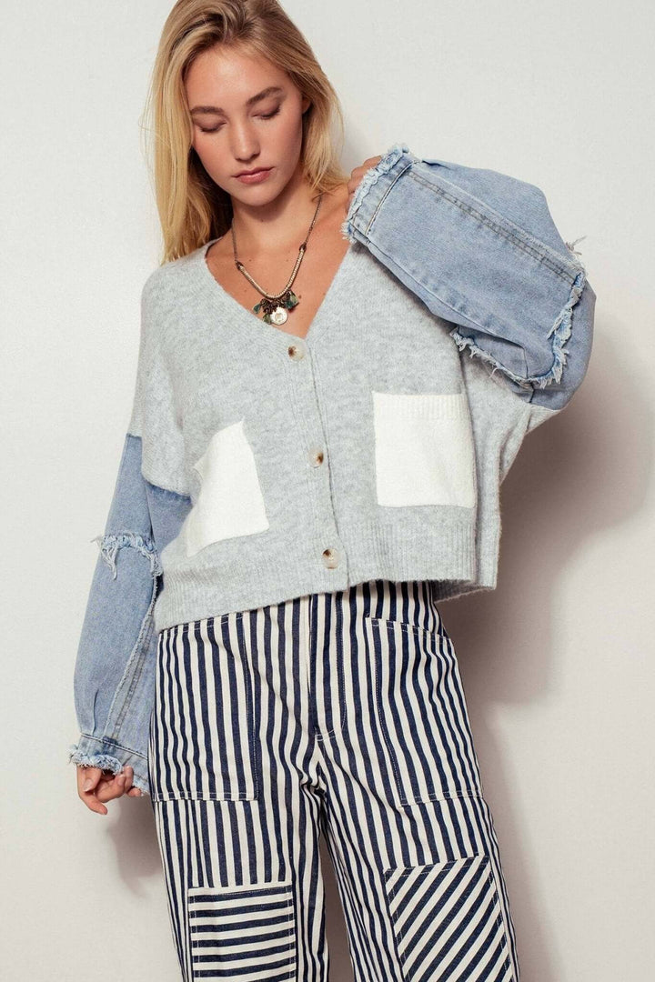 Denim Sleeve Knit Cardigan Casual Sweater Top - Cowgirl Charm