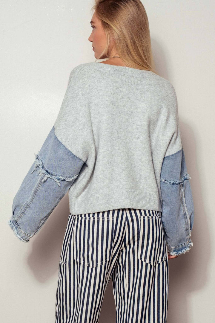 Denim Sleeve Knit Cardigan Casual Sweater Top - Cowgirl Charm