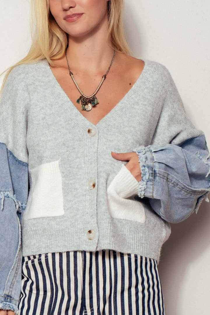 Denim Sleeve Knit Cardigan Casual Sweater Top - Cowgirl Charm