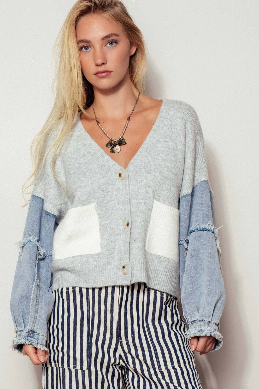 Denim Sleeve Knit Cardigan Casual Sweater Top - Cowgirl Charm