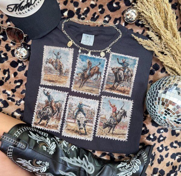 Distressed Cowboy Stamps Graphic Tee - Cowgirl Charm