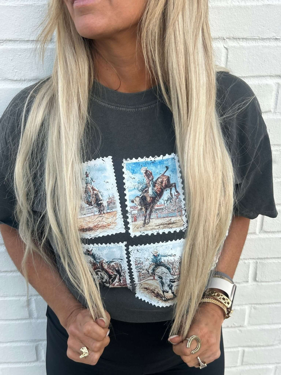 Distressed Cowboy Stamps Graphic Tee - Cowgirl Charm