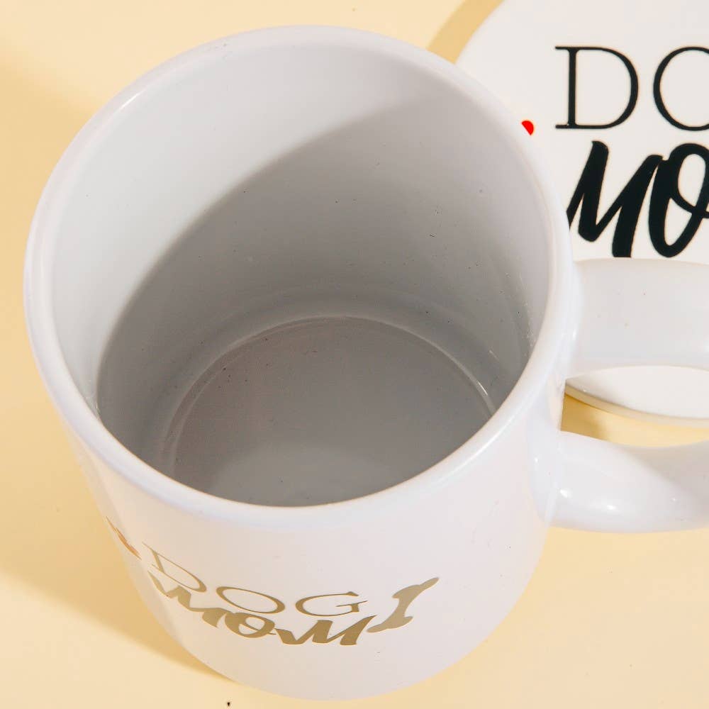 Dog Mom 15 oz ceramic mug with matching coaster from Anarchy Street, featuring a stylish design for dog lovers.