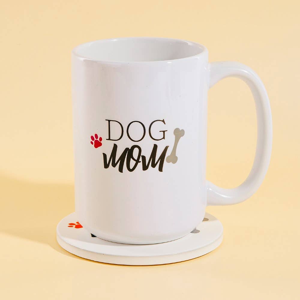 Dog Mom 15 oz ceramic mug with matching coaster set from Anarchy Street, featuring a stylish design for dog lovers.