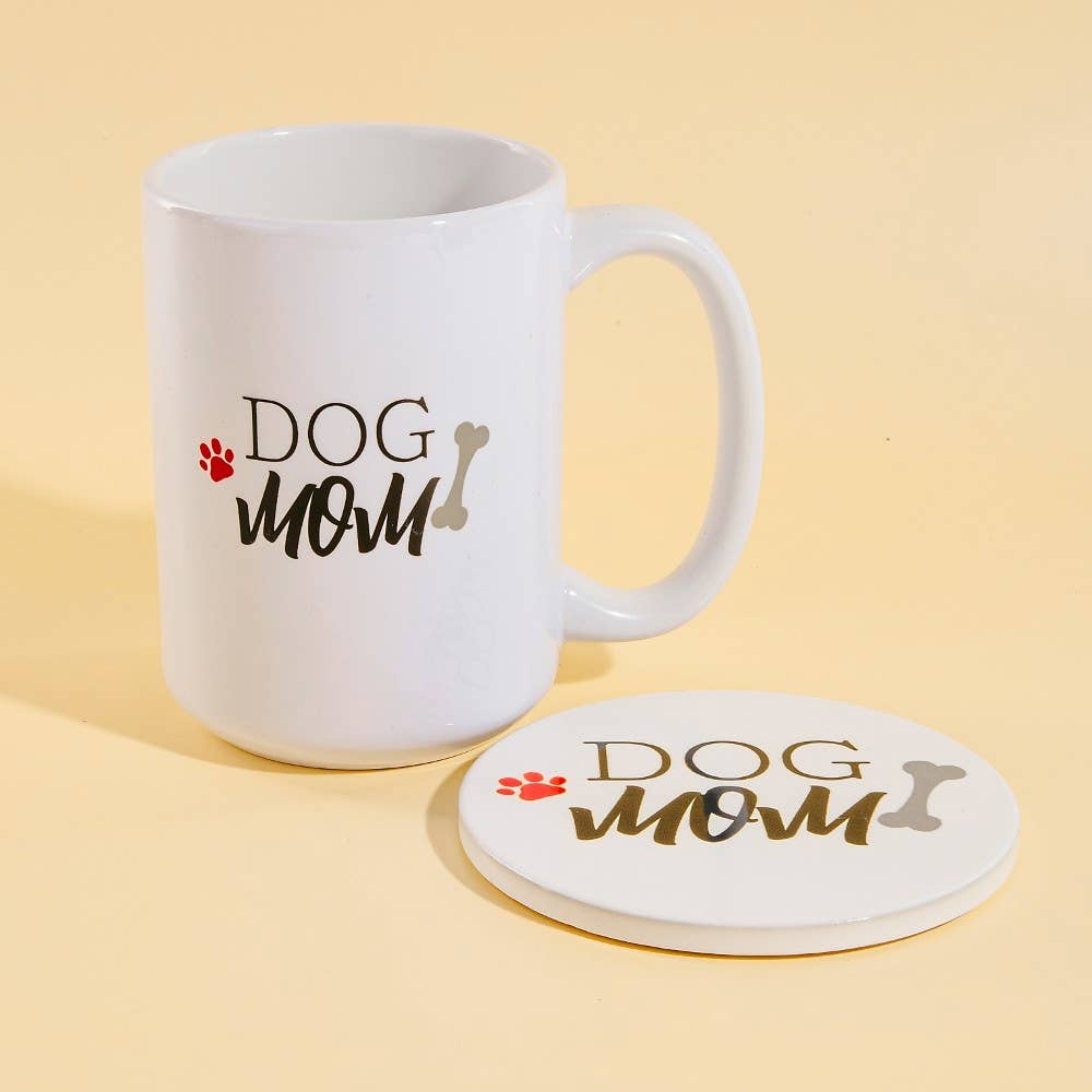 Anarchy Street Dog Mom 15 oz ceramic mug with matching coaster set, featuring playful dog-themed design for dog lovers.