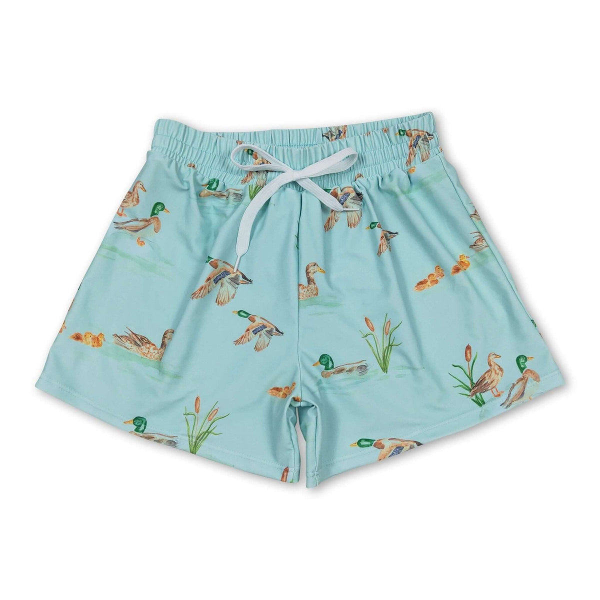 Kids boys' summer swim trunks featuring a duck print from Yawoo Garments, lightweight and suitable for warm-weather swimming.