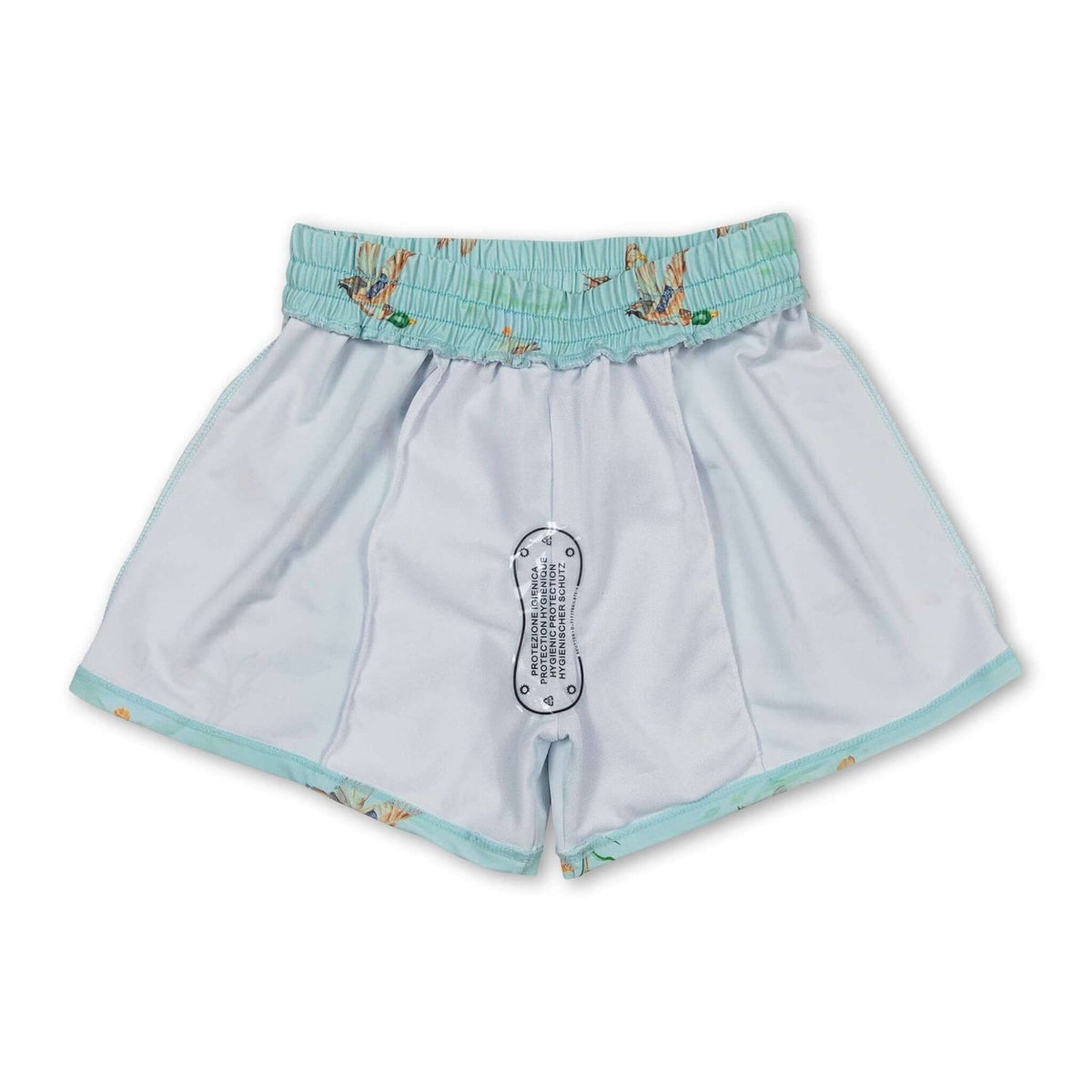 Kids boys summer swim trunks featuring duck print from Yawoo Garments, lightweight and suitable for outdoor swimming and beach days.