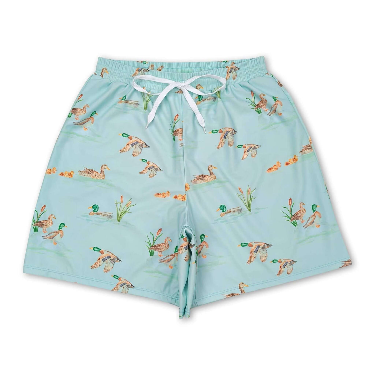 Kids boys summer swim trunks featuring a duck print by Yawoo Garments, lightweight and suitable for warm weather swimming.