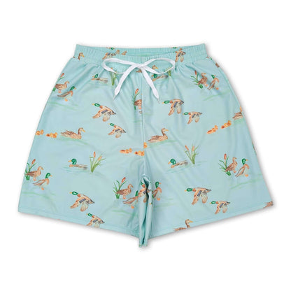Kids boys summer swim trunks featuring a duck print by Yawoo Garments, lightweight and suitable for warm weather swimming.