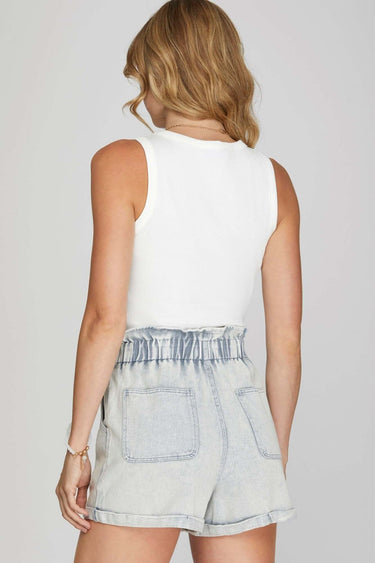 Dusty Blue Garment Washed Paperbag Twill Shorts with Pockets - Cowgirl Charm